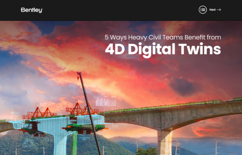 Promotional slide for Bentley featuring a bridge under construction against a dramatic sunset sky, titled "5 Ways Heavy Civil Teams Benefit from 4D Digital Twins.