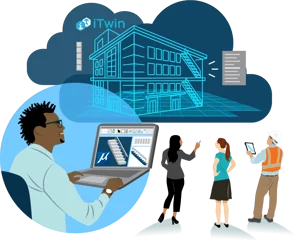 An illustration shows a person using a laptop with a 3D model of a building in MicroStation. In the background, three figures interact with a digital building model displayed on clouds labeled "iTwin," highlighting how visions become reality through innovative technology.