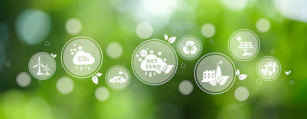 A green background with a variety of icons, showcasing technology and sustainability.