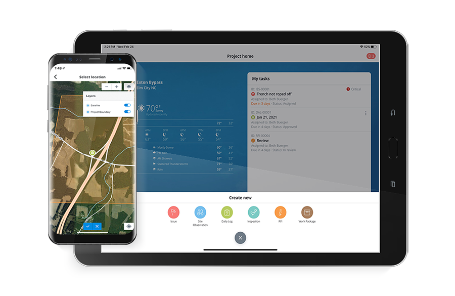 A smartphone displaying a SYNCHRO-integrated map interface and a tablet showcasing a 4D project management dashboard with tasks and weather details.