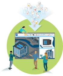 Illustration of a group of people collaborating on a digital project, using MicroStation, with various icons and documents depicted as flowing into the project interface, turning their collective visions into reality.