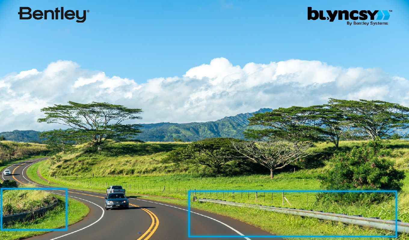 Bentley’s Blyncsy solution collects high-resolution dash camera imagery from state roads across Hawaii to help Hawaii DOT identify road hazards more quickly, including guardrail damage and vegetation encroachment. Image courtesy of Bentley Systems. | Bentley Systems | Infrastructure Engineering Software Company Bentley’s Blyncsy solution collects high-resolution dash camera imagery from state roads across Hawaii to help Hawaii DOT identify road hazards more quickly, including guardrail damage and vegetation encroachment. Image courtesy of Bentley Systems.