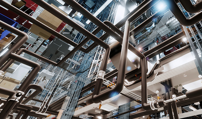 A 3d rendering of a building with pipes and pipes.